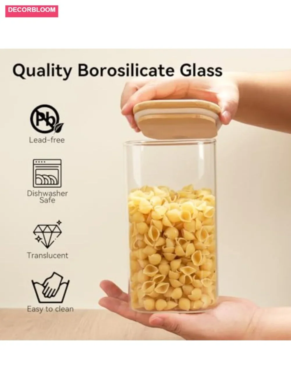 6 Pack Glass Pantry Storage Jars 37oz Airtight Square Canisters with Bamboo